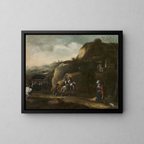 Landscape with a Horse-Drawn Carriage - Frederik de Moucheron — framed artwork on a wall