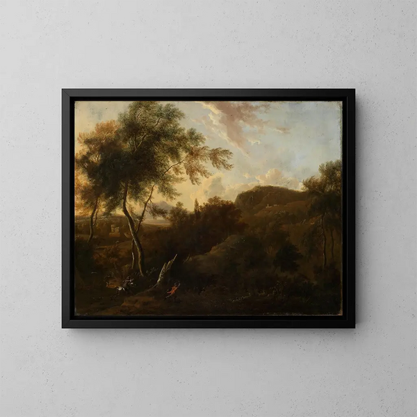 Landscape painting of the south with a hunter deer hunting - Frederik de Moucheron — framed artwork on a wall