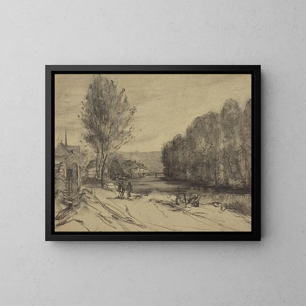 A landscape with a river - French School — framed artwork on a wall