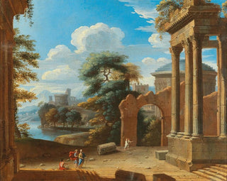 a river landscape with figures near ruins - French School — artwork view