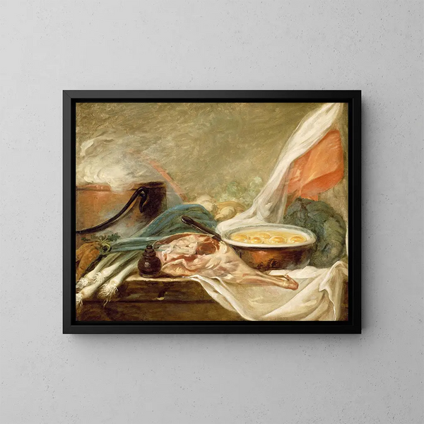 Still life with eggs and a mutton leg - French School — framed artwork on a wall