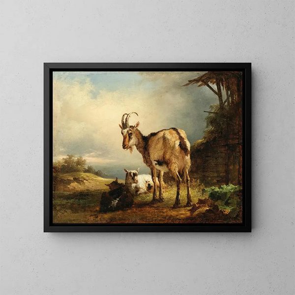 Una cabra con dos cabritillos - Friedrich August Matthias Gauermann — cuadro enmarcado en la pared