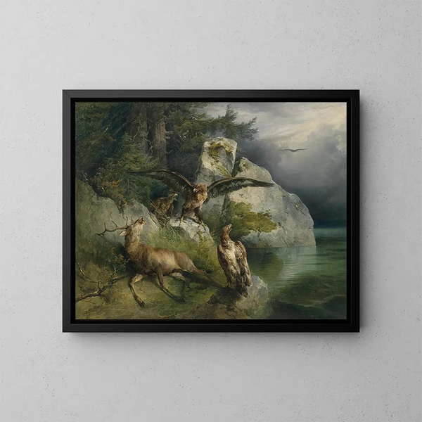 Águila y ciervo moribundo - Friedrich August Matthias Gauermann — cuadro enmarcado en la pared