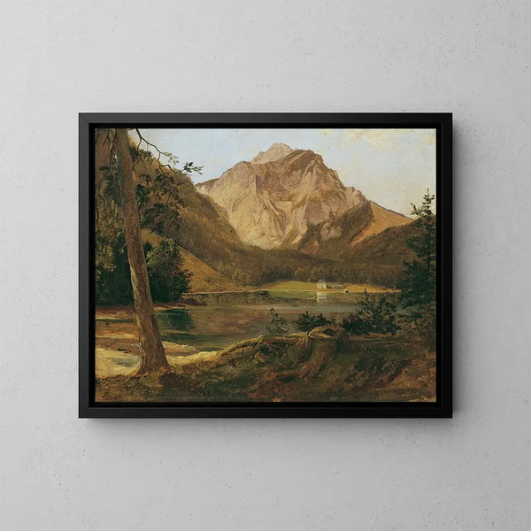 El lago Langbathsee antes con el macizo del Höllengebirge - Friedrich August Matthias Gauermann — cuadro enmarcado en la pared