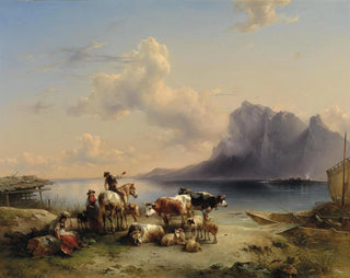 Pastores y ganado junto al lago Attersee - Friedrich August Matthias Gauermann — vista de la obra
