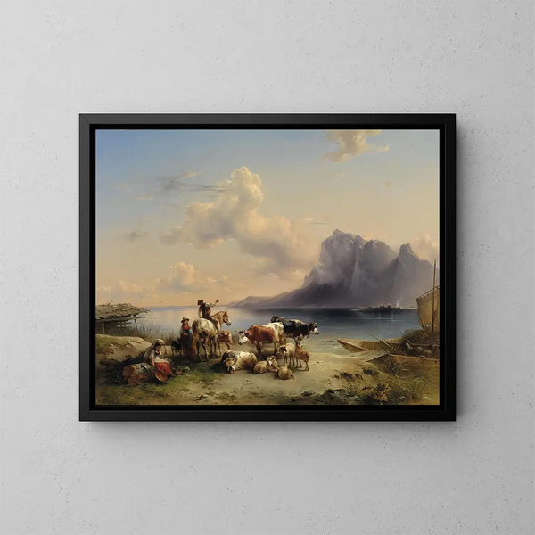Pastores y ganado junto al lago Attersee - Friedrich August Matthias Gauermann — cuadro enmarcado en la pared