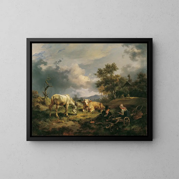 Joven pareja de campesinos descansando en el campo - Friedrich August Matthias Gauermann — cuadro enmarcado en la pared