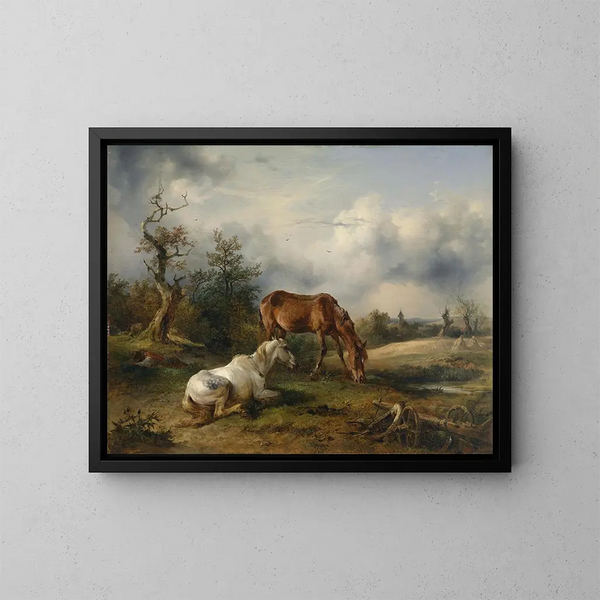 Caballo y zorro en el prado - Friedrich August Matthias Gauermann — cuadro enmarcado en la pared