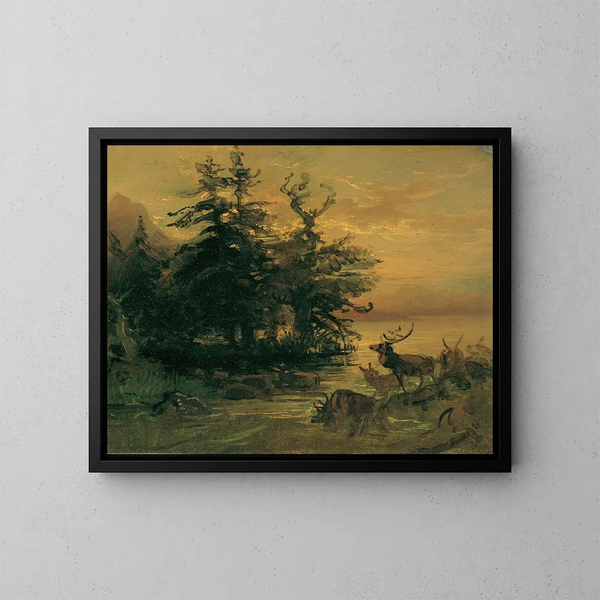 ciervos descansando junto a un lago de montaña - Friedrich August Matthias Gauermann — cuadro enmarcado en la pared