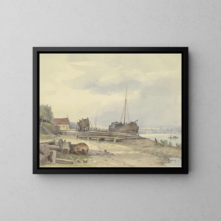 de la construcción naval en la orilla del Rin cerca de Niederwalluf - Friedrich Ernst Morgenstern — cuadro enmarcado en la pared