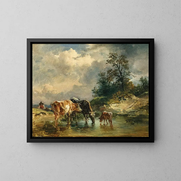 Vacas cerca de un abrevadero - Friedrich Gauermann — cuadro enmarcado en la pared