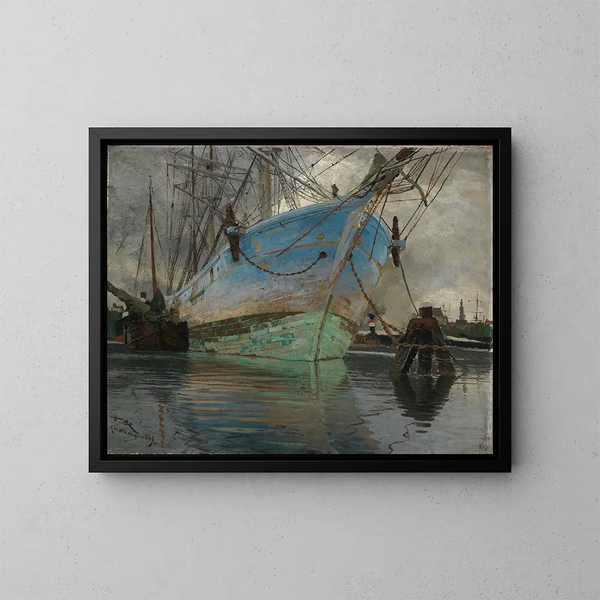 Bateaux dans le port d'Amsterdam - Friedrich Kallmorgen — framed artwork on a wall