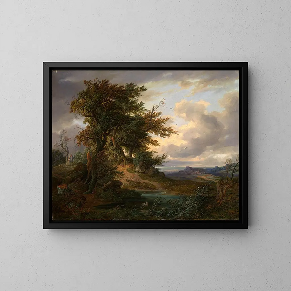 Landscape with Oaks by the Sea - Friedrich Preller the Elder — framed artwork on a wall