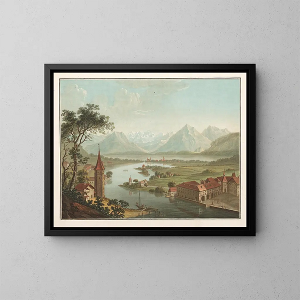 Lac y ciudad de Thun con el río Aar, vista aérea desde la terraza del castillo - Friedrich Rosenberg — cuadro enmarcado en la pared