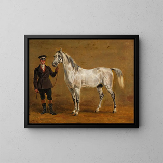 Caballo gris con oficial de caballería - Friedrich Voltz — cuadro enmarcado en la pared