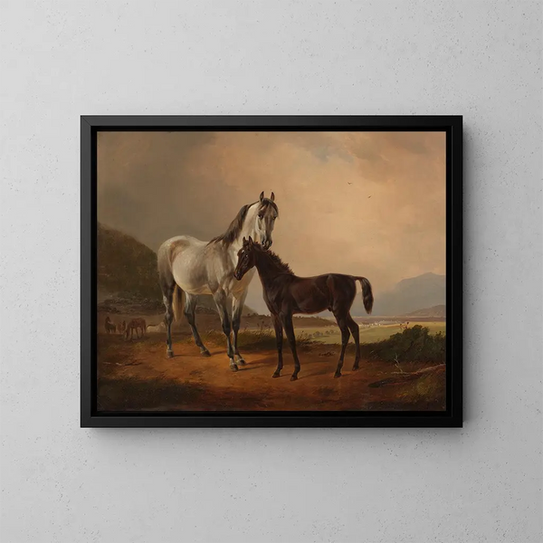Mare with Foal in Front of a Vast Landscape of Hills - Friedrich Voltz — framed artwork on a wall