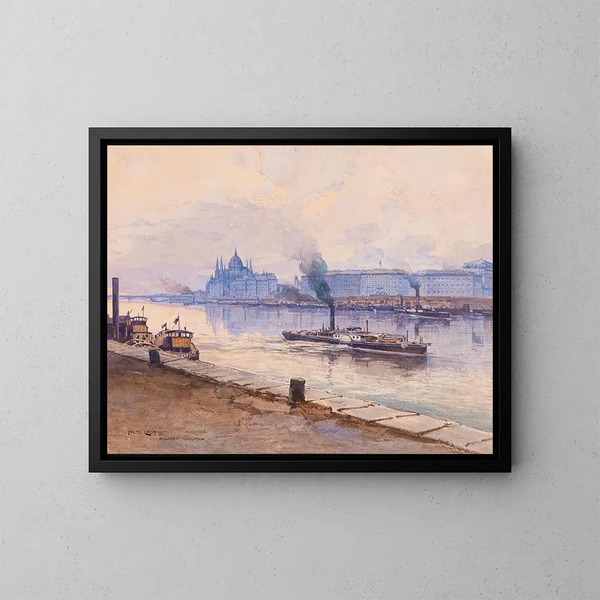 a steamship on the Danube with the Parliament building of Budapest in the background - Fritz Lach — framed artwork on a wall