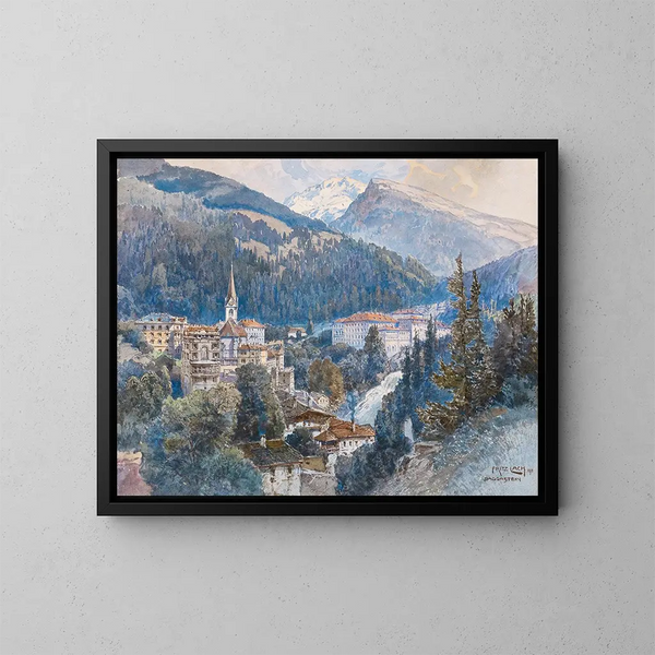 View of Bad Gastein and the Waterfall - Fritz Lach — framed artwork on a wall