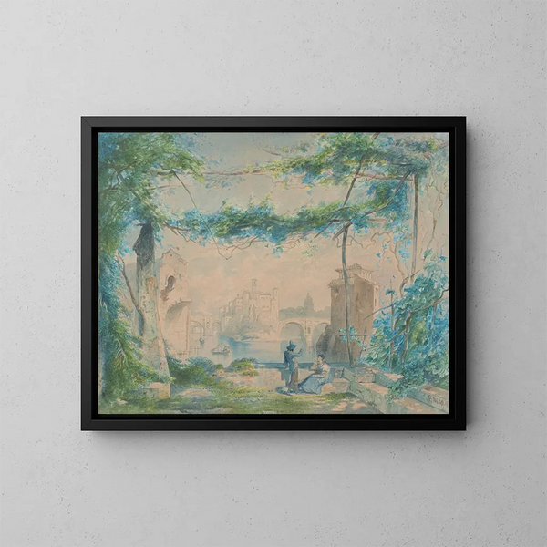 Italian landscape painting with a couple by the river - Fritz Wolff — framed artwork on a wall