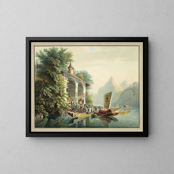The Chapel of William Tell on Lake of the Four Cantons - Gabriel Lory the Younger — framed artwork on a wall