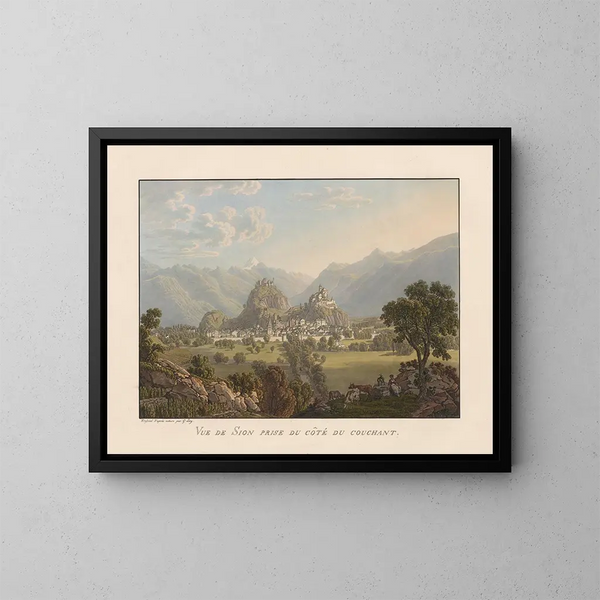 View of Sion taken from the sunset side - Gabriel Lory the Younger — framed artwork on a wall