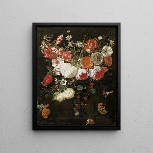 Gaspar Peeter Verbruggen the Elder - Still Life With Roses Tulips And Other Flowers In A Vase Together With Blackberries And A Moth.webp