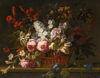 Nature morte de roses roses, tulipes, jacinthes, jasmin et autres fleurs disposées librement dans un panier en osier sur un rebord de pierre - Gaspar Peeter Verbruggen l'Ancien — artwork view