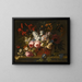 Nature morte de roses roses, tulipes, jacinthes, jasmin et autres fleurs disposées librement dans un panier en osier sur un rebord de pierre - Gaspar Peeter Verbruggen l'Ancien — framed artwork on a wall