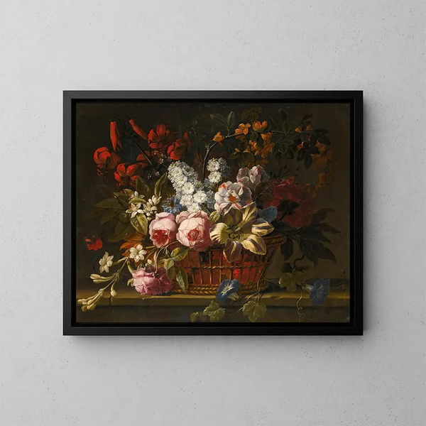 Nature morte de roses roses, tulipes, jacinthes, jasmin et autres fleurs disposées librement dans un panier en osier sur un rebord de pierre - Gaspar Peeter Verbruggen l'Ancien — framed artwork on a wall