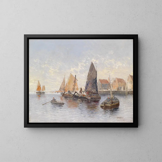 Pescadores en el puerto - Georg Fischhof — cuadro enmarcado en la pared