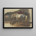 a white and a brown horse standing near a basket, with a third horse with a blue blanket in the background - Georg Philipp Rugendas the Elder — framed artwork on a wall