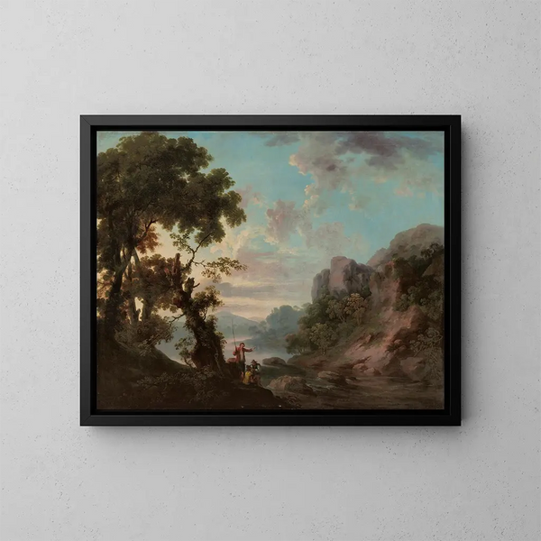 Un paisaje boscoso con un lago y pescadores en primer plano - George Barret — cuadro enmarcado en la pared
