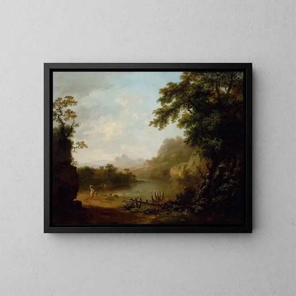 Un paisaje fluvial arbolado a la italiana con figuras - George Barret — cuadro enmarcado en la pared