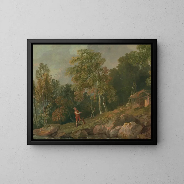 Paisaje boscoso con un niño y su perro - George Barret — cuadro enmarcado en la pared