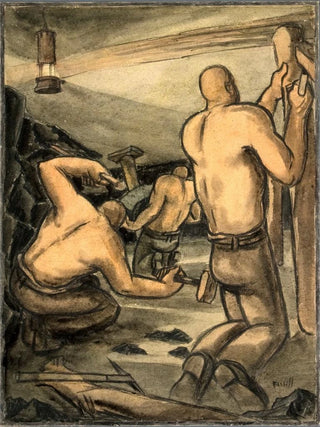 George Bissill - Coal miners at work cutting coal and propping.webp