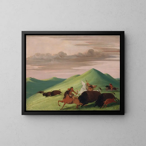 Buffalo Hunt: a bull protecting a cow and her calf - George Catlin — framed artwork on a wall