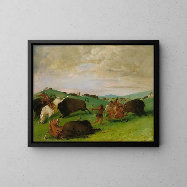 El caza del búfalo: los toros en lucha con los hombres y los caballos - George Catlin — cuadro enmarcado en la pared