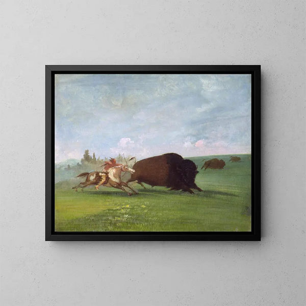 Buffalo Hunt, a single death - George Catlin — framed artwork on a wall