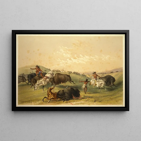 Bison Hunt, a large group - George Catlin — framed artwork on a wall