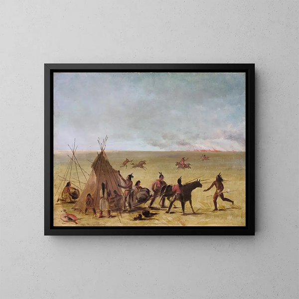 Familia india alarmada por la aproximación de un incendio de pradera - George Catlin — cuadro enmarcado en la pared