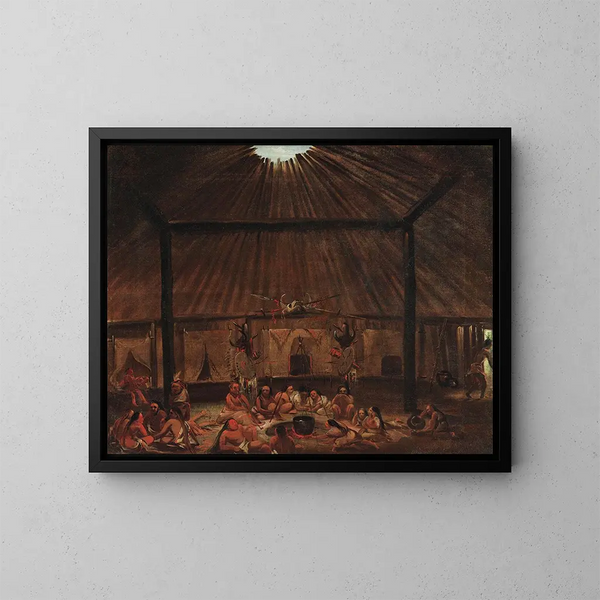 interior de un pabellón Mandan - George Catlin — cuadro enmarcado en la pared