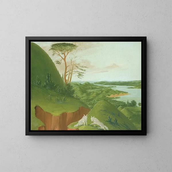 Paisajes de acantilados fluviales con lobos blancos en primer plano, Alto-Misuri - George Catlin — cuadro enmarcado en la pared