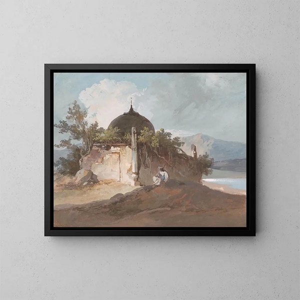 Figura sentada cerca de un templo indio - George Chinnery — cuadro enmarcado en la pared