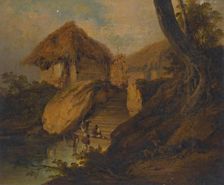 Figures se lavant dans une rivière avec des huttes de chaume derrière, Bengale, Inde - George Chinnery — artwork view