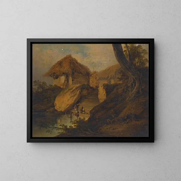 de figuras levantándose en un río con cabañas de paja detrás, Bengala, India - George Chinnery — cuadro enmarcado en la pared