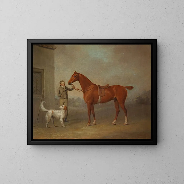 El cazador de castañas de M. Yarburgh, Robin Hood, sostenido por un caballerizo con un perro en un paisaje - George Haigh — cuadro enmarcado en la pared