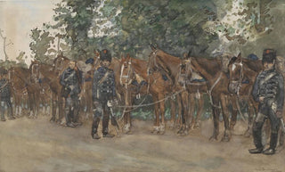 George Hendrik Breitner - Huzaren staande naast hun paarden langs de kant van de weg.webp