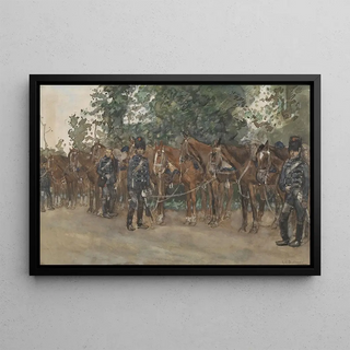 George Hendrik Breitner - Huzaren staande naast hun paarden langs de kant van de weg.webp