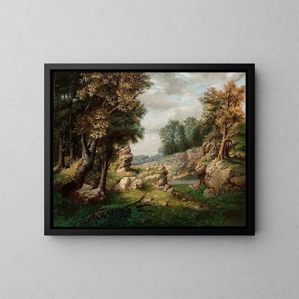 El roca de Dell cerca del pueblo - George Inness — cuadro enmarcado en la pared