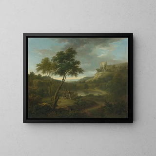 Caprice with a classical sarcophagus and possibly Beeston Castle, Cheshire - George Lambert — framed artwork on a wall